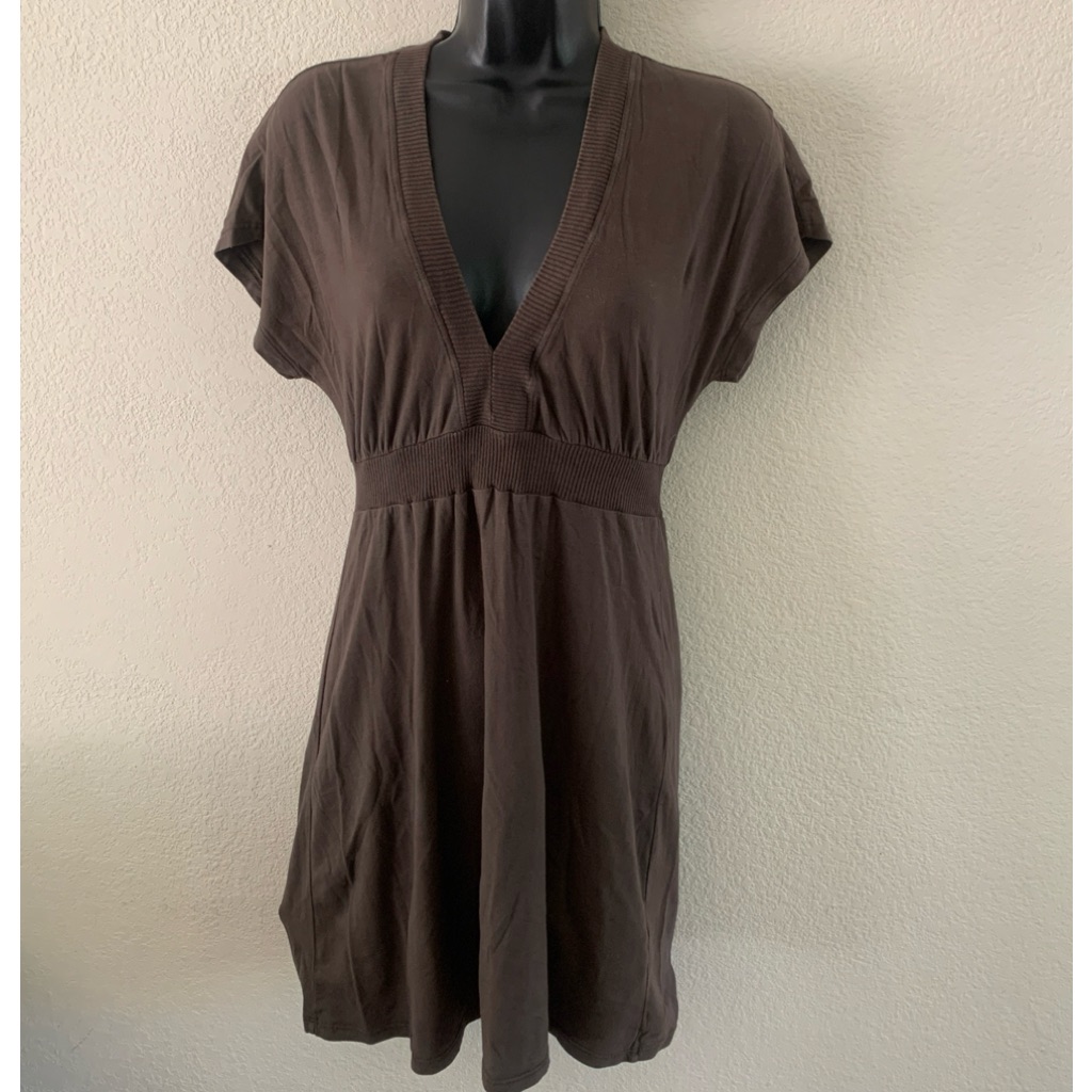 James Perse Dress Size 2 Deep V-Neck Brown Minimalist Pima Cotton Cap Sleeve
